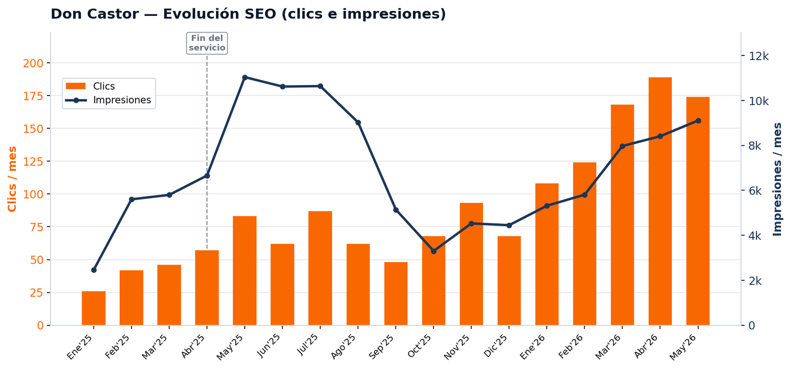 Evolución mensual de visitas e impresiones de Don Castor en Google