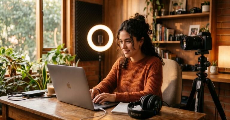 Creador de contenido colombiano editando video en su home studio