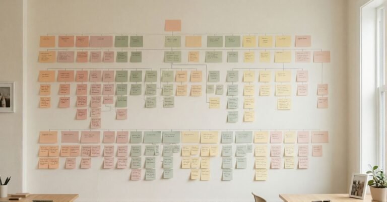 Pared con notas adhesivas pastel organizadas como mapa de sitio web