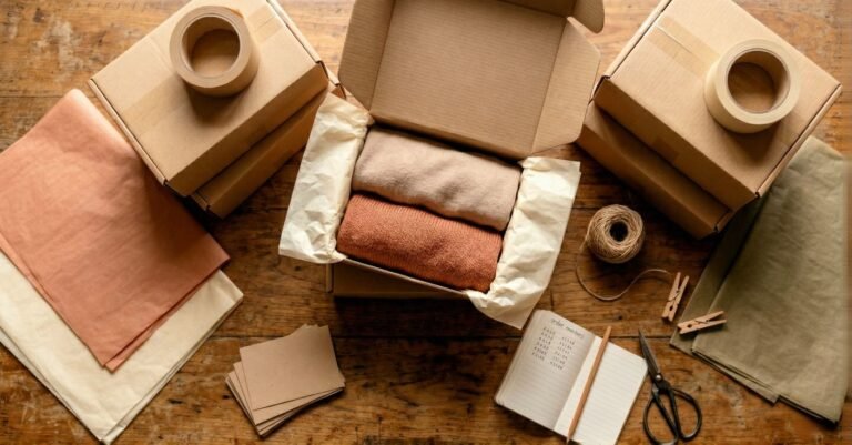 Estación de empaque de una tienda online colombiana vista desde arriba — cajas, papel de seda y libreta de pedidos