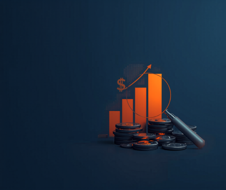 Cuánto cuesta el SEO en Colombia: monedas, símbolo de dólar y barras de crecimiento naranja